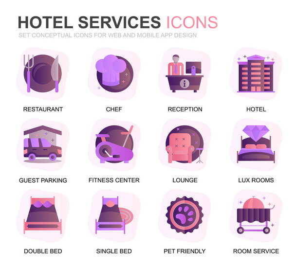 Modern Set Hotel szolgáltatás színátmenet lapos ikonok a honlap és a mobil alkalmazások. Tartalmaz olyan ikonokat, mint étterem, Szobaszervíz, recepció. Fogalmi színsík ikon. Vektoros piktogram-csomag. - Vektor, kép