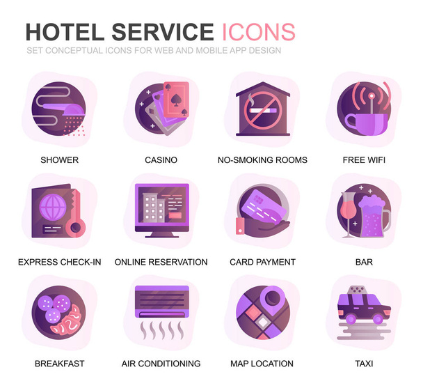Modern Set Hotel Services Gradient Flat Icons for Website and Mobile Apps. Contains such Icons as Luggage, Reception, Room Services, Fitness Center. Conceptual color flat icon. Vector pictogram pack. - Vector, Image