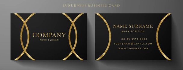 Luxe zwarte visitekaartje ontwerpsjabloon met gouden Art Deco cirkel lijnen (VIP Gift Card). Donkere achtergrond met gouden moderne ronde lijnen - Vector, afbeelding