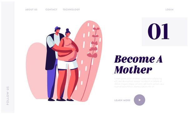 Happy Couple of Husband and Wife Prepare Become Parents. Man Embracing Pregnant Woman with Big Belly. Young Family Waiting Baby, Website Landing Page, Web Page Cartoon Flat Vector Illustration, Banner - Vector, Image