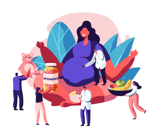 riesige schwangere Frau mit dickem Bauch sitzt in Lotus-Pose, umgeben von Ärzten, die ihr Vitamine, Babyspielzeug und gesunde Ernährung geben. weibliche Figur glücklich schwanger, cartoon flat vector illustration - Vektor, Bild