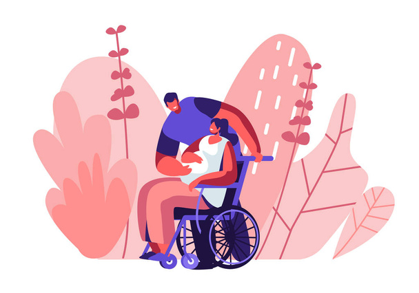 Mannelijk personage aanraken buik van gehandicapte zwangere vrouw zittend op rolstoel. Gelukkige familierelaties, zwangerschap, liefdevolle mensen in afwachting van baby. Ongeldige meisje dragen kind cartoon platte vector illustratie - Vector, afbeelding