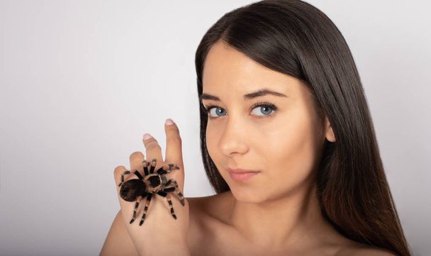 piękna brunetka dziewczyna z niebieskimi oczami, białe tło, piękno, na rękach pająk Tarantula, patrzy na pająk i do aparatu, zbliżenie - Zdjęcie, obraz