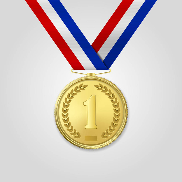 Vector 3d Realistic Gold Award Medal with Color Ribbon Closeup Isolated on White Background. The First Place, Prize. Sport Tournament, Victory Concept - Vector, afbeelding
