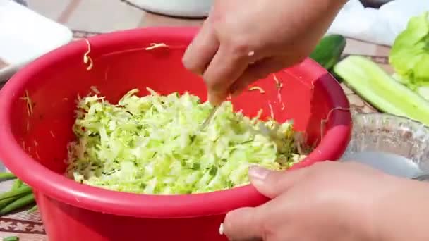 Slicing cabbage on a wooden board. Cutting cabbage with a knife. Spring salad - Footage, Video