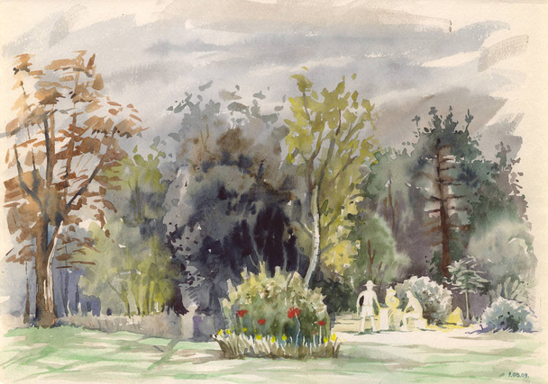 Landscape painted with water paint on paper.  Etude (sketch) performed in the open air. Romania, Blaj. - Photo, Image
