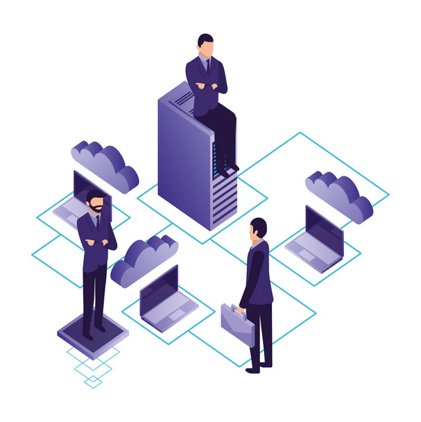 businessmen with teamwork and icon server data isometric - Vector, Image