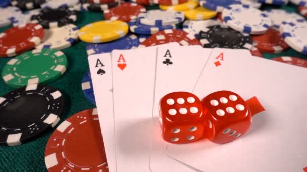 Gambling Poker Cards Dices and Chips ToolsWinning Games which has lots of risks and success like Poker, Blackjack. It is mostly played in casinos, danger is losing everything sometimes if you dont have enough luck - Footage, Video