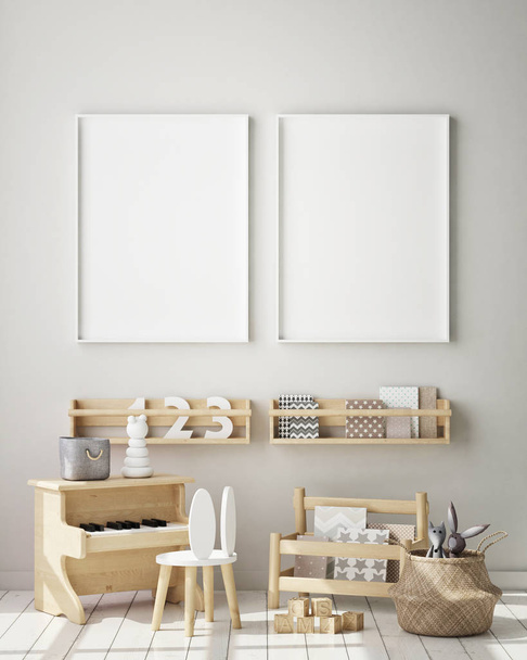 marco del cartel de la maqueta para arriba en dormitorio de los niños, fondo interior del estilo escandinavo, representación 3D, ilustración 3D
 - Foto, Imagen
