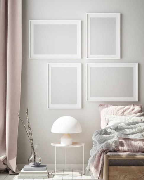 marco del cartel de la maqueta en el fondo interior del dormitorio moderno, sala de estar, estilo escandinavo, renderizado 3D, ilustración 3D - Foto, Imagen