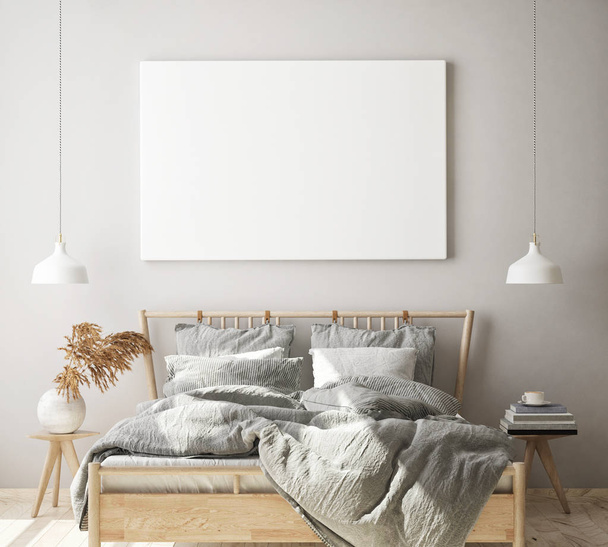 mock up poster frame in modern bedroom interior background, living room, Scandinavian style, 3D render, 3D illustration - Photo, Image