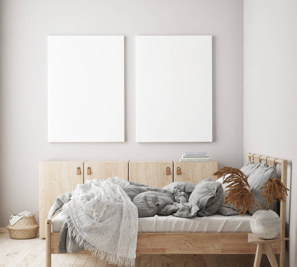 modelový rámeček v moderním ložnicovém interiéru, obývací pokoj, skandinávský styl, 3D vykreslování, 3D ilustrace - Fotografie, Obrázek