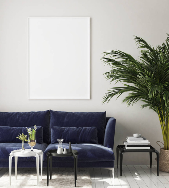 mock up poster frame in modern interior background, living room, Scandinavian style, 3D render, 3D illustration - Photo, Image