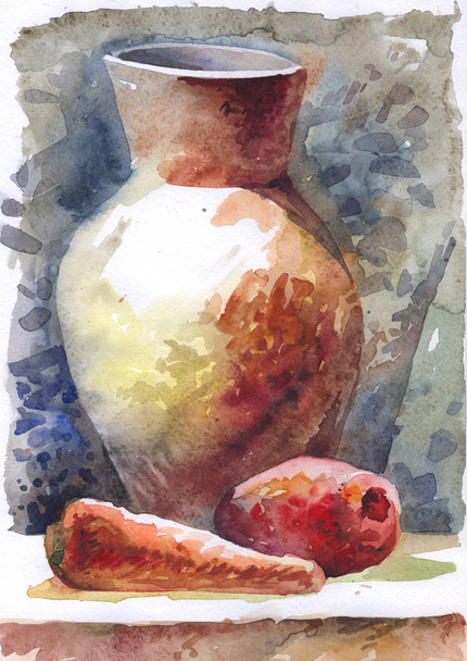 Still life painted with watercolor. The etude (sketch) is made on from life. Vase, apple, carrot. - Foto, Imagen