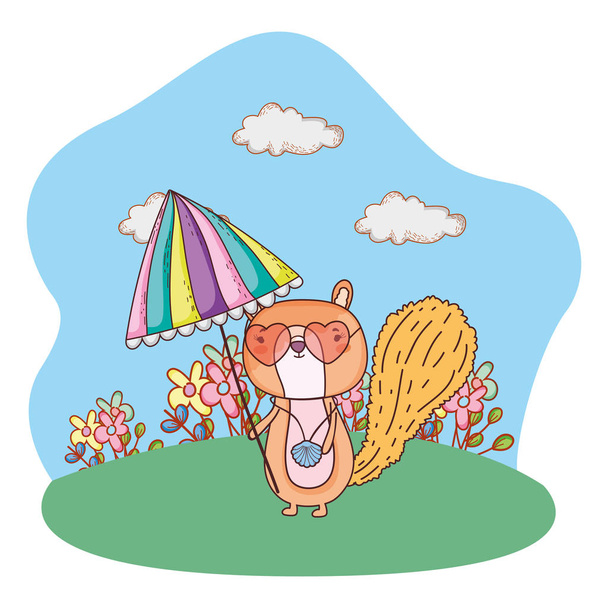 σκιουράκι με ομπρέλα και γυαλιά ηλίου στο χωράφι - Διάνυσμα, εικόνα