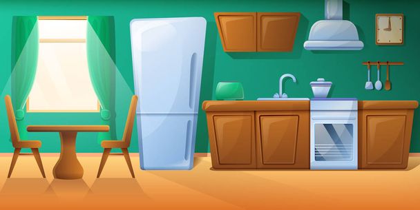 cozy cartoon kitchen with kitchen furniture, vector illustration - Vector, Image