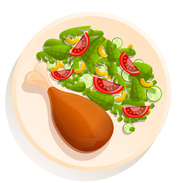 Cartoon plate with chicken leg and salad, vector illustration - Vector, Image