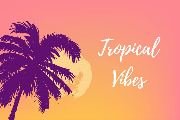 Sunset or sunrise with palm trees. Tropical vibes. Place for your text. Vector illustration for party, invitation, flyer, poster, banner, web. Hand drawn style travel concept. - Wektor, obraz