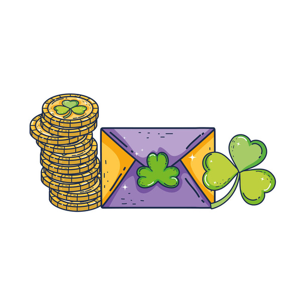 envelop met klaver met munt St Patrick uitnodiging - Vector, afbeelding