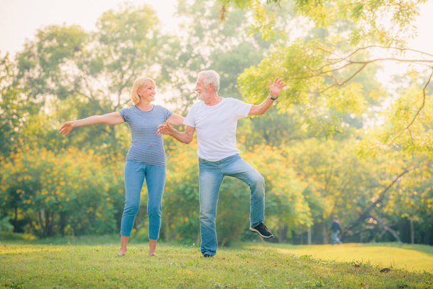 Idős pár, akik napnyugtakor élvezik a kertet. Fogantatás pár idősebb szerelem. - Fotó, kép