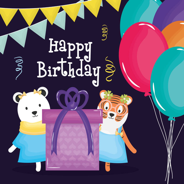 Szczęśliwa karta urodzinowa z niedźwiedziem polarnego i tygrysem - Wektor, obraz