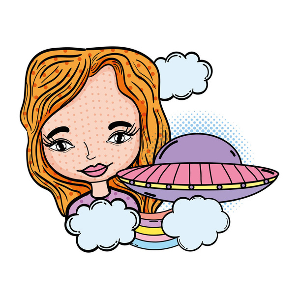 nő UFO pop art stílus - Vektor, kép