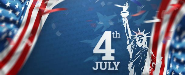 Creatieve achtergrond, inscriptie 4 juli op een blauwe achtergrond, USA Independence Day, Amerikaanse vlag. Independence Day banner van Amerika, briefkaart, kopieer ruimte. 3D-illustratie, 3D-rendering - Foto, afbeelding