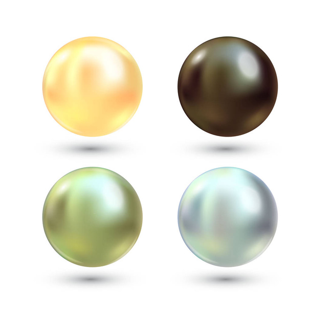 Realistic varicoloured pearls vector set. Precious pearl in sphere form. Pearl is luxury glossy stone illustration - ベクター画像