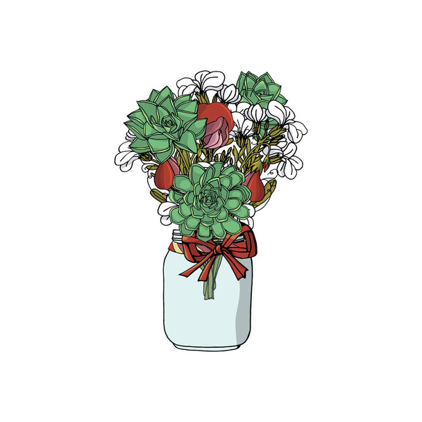 Bouquets de estilo doodle desenhado à mão de flores diferentes, suculentas, flor de estoque, ervilha doce
. - Vetor, Imagem