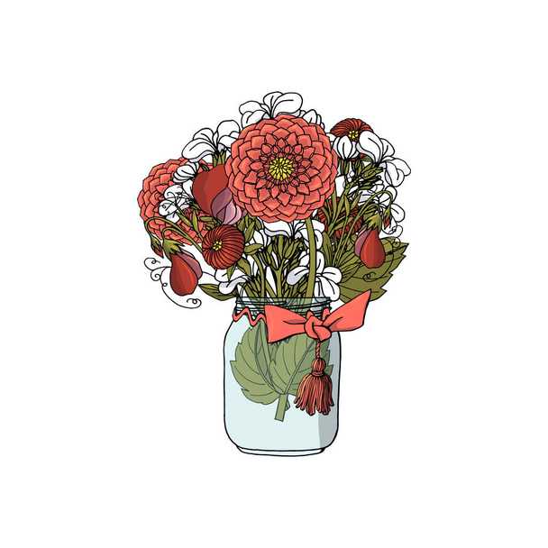 El çizilmiş doodle tarzı farklı çiçekler, dahlia, stok çiçek, tatlı bezelye buketleri. - Vektör, Görsel