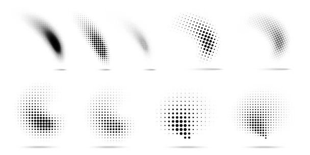 Conjunto de puntos de medio tono de textura de patrón de gradiente curvado aislado sobre fondo blanco. Curva manchas punteadas utilizando la colección de textura raster círculo semitono punto. Vector blot colección de medio tono
.  - Vector, Imagen