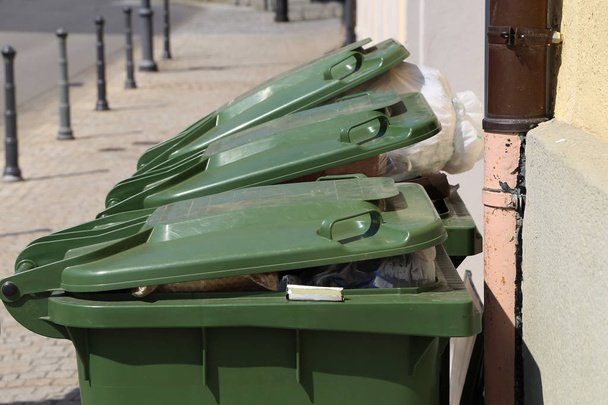Les poubelles vertes sont dans la rue
 - Photo, image