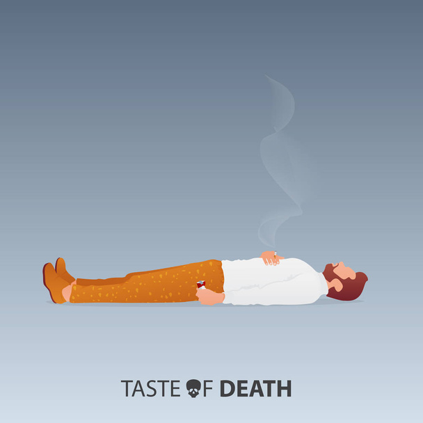 5月31日世界タバコの日。禁煙日の意識。喫煙キャンペーンを中止する。喫煙者の概念の死。男は床に横たわり、タバコのパックを左手でくしゃくしゃにし、右手でタバコを持った。ベクトルイラストレーション. - ベクター画像