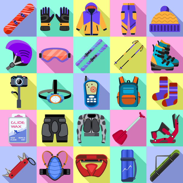 Snowboarding equipment icons set, flat style - ベクター画像