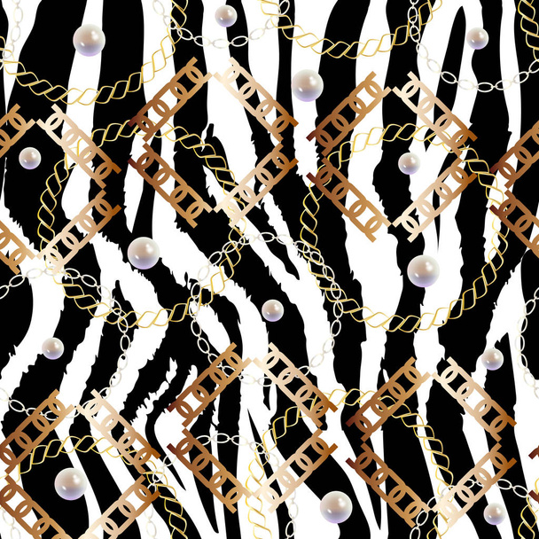 Fashion Seamless Pattern with Golden Chains and zebra print. Fabric Design Background with Chain, Metallic accessories. Luxurious linear print with fashion accessories. - Vektori, kuva