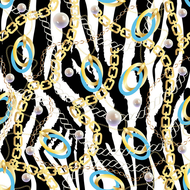 Mode nahtlose Muster mit goldenen Ketten und Zebra-Print. Stoffdesign Hintergrund mit Kette, metallische Accessoires. luxuriöser linearer Druck mit modischen Accessoires. - Vektor, Bild