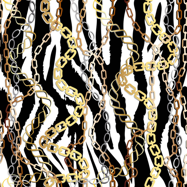 Fashion Seamless Pattern with Golden Chains and zebra print. Fabric Design Background with Chain, Metallic accessories. Luxurious linear print with fashion accessories. - Vetor, Imagem