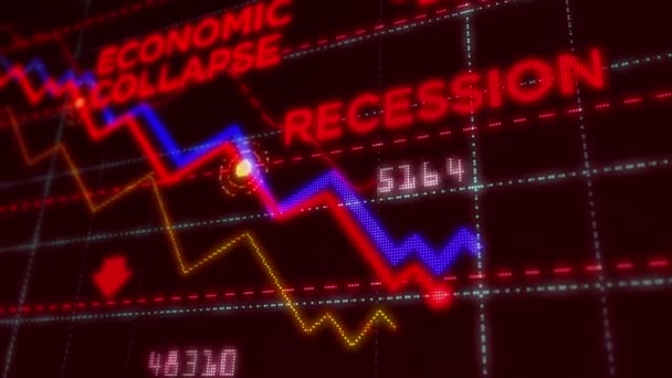 Krize, recese, krach podnikání, trhy dolů, Hospodářský úpadek a koncepce kolapsu akcií. Červený dynamický graf sestupné tendence. 3D obrazovka se stylizované animací. - Záběry, video