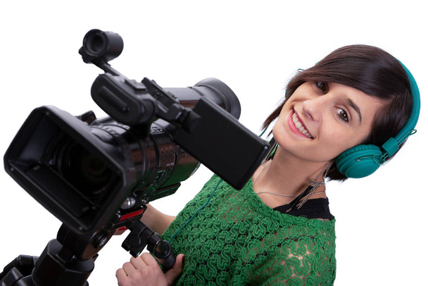young woman with professional video camera, on white - Photo, Image
