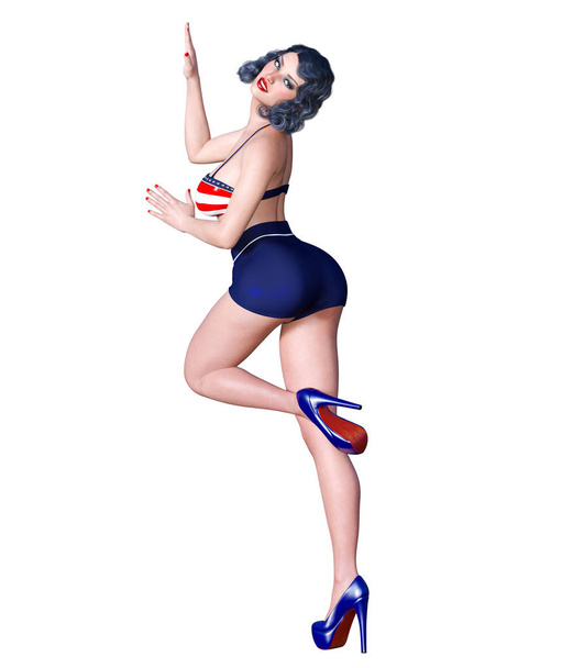 3D beautiful young attractive pin up girl vintage.Shorts and bra.Woman studio photography.High heel.Conceptual fashion art.Seductive candid pose.Realistic render.Summer collection clothes - Φωτογραφία, εικόνα