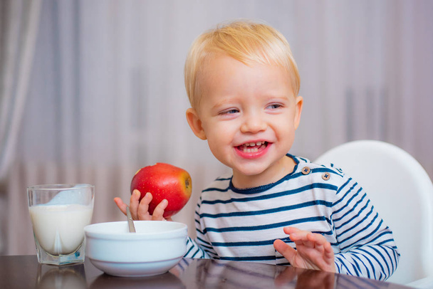 Kid cute boy sit at table with plate and food. Healthy food. Boy cute baby eating breakfast. Baby nutrition. Eat healthy. Toddler having snack. Healthy nutrition. Vitamin concept. Child eat apple - Фото, изображение