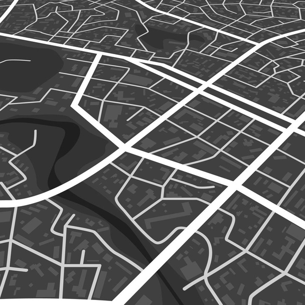 Soyut siyah şehir haritası. Şehir topografyası ile yazdırın. Şehir yerleşim bölgesi düzeni. Şehir bölgesi planı. vektör illüstrasyon - Vektör, Görsel