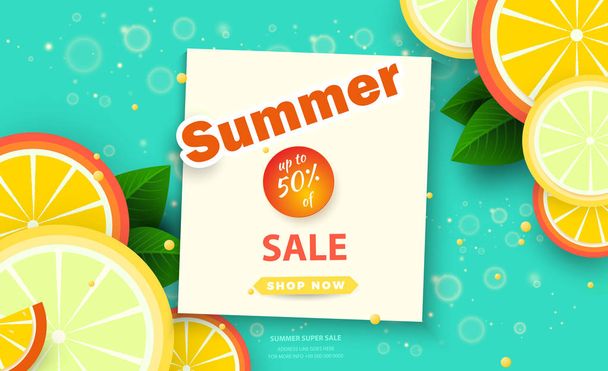 Summer sale background for banners.Orange slices on a bright background.Season discounts. Template for flyer, invitation, poster, brochure, discount on voucher.Vector illustration template. - Vektori, kuva