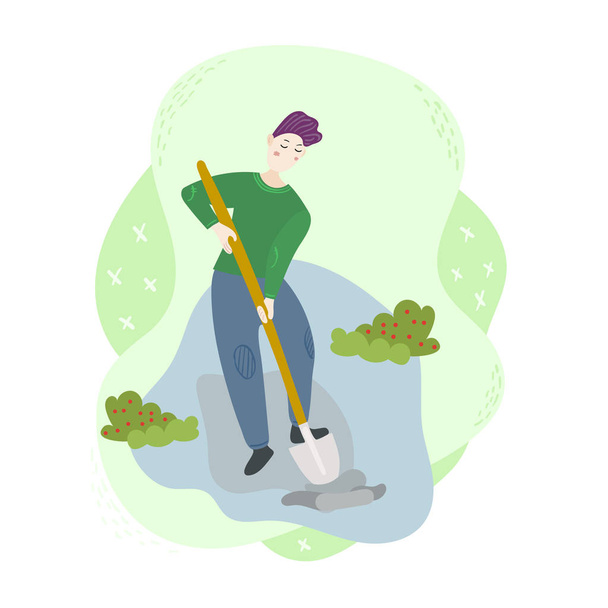 地面を掘るシャベルを持つ男の農夫。庭に野菜を植える。季節の農業収穫作業シーン。孤立したフラットトレンディな漫画面白いモダンスタイルイラスト - ベクター画像