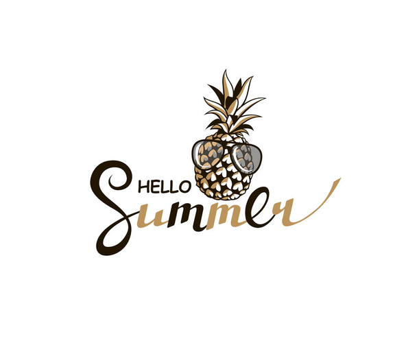 godło Hello Summer napis z ananasem na białym tle - Wektor, obraz