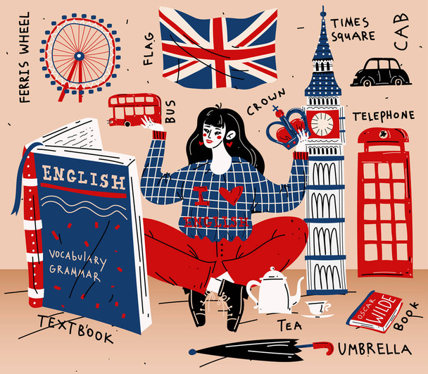 Young woman girl student learning english. Education, foreign language. - Vector, Image