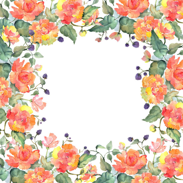 Oranje Rose boeket bloemen botanische bloemen. Aquarel achtergrond illustratie instellen. Frame rand ornament vierkant. - Foto, afbeelding