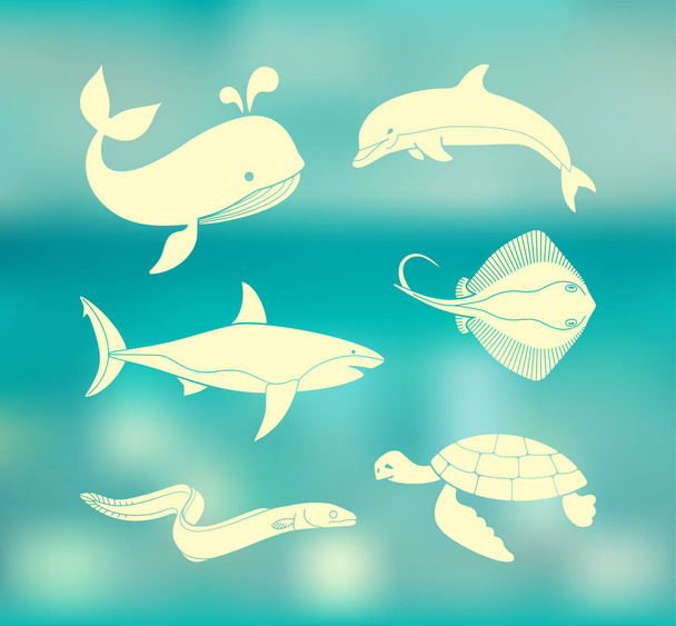 Collection of icons of sea inhabitants in flat style on the Colorful background with defocused lights - Vector, Image