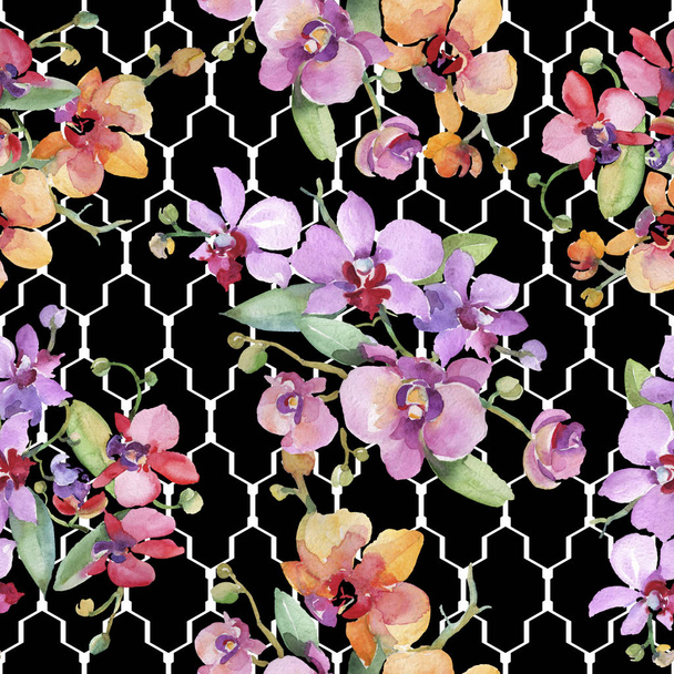 Orchid bouquets floral botanical flowers. Watercolor background illustration set. Seamless background pattern. - Foto, Imagen