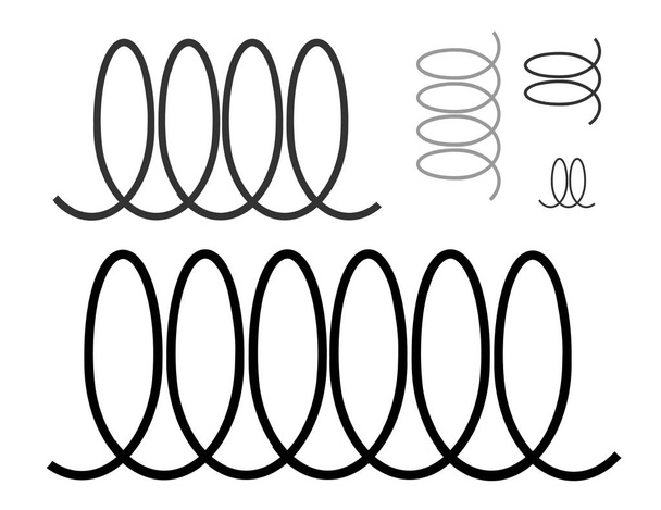 Vektordarstellung isolierter metallisierter Platten. horizontale und vertikale Federn. schwarz-weiße Spirale. Spiralfedern aus Verwirbelungslinien oder gebogenen Drahtseilen, Stoßdämpfern oder Ausrüstungsteilen auf weiß. Vektor - Vektor, Bild